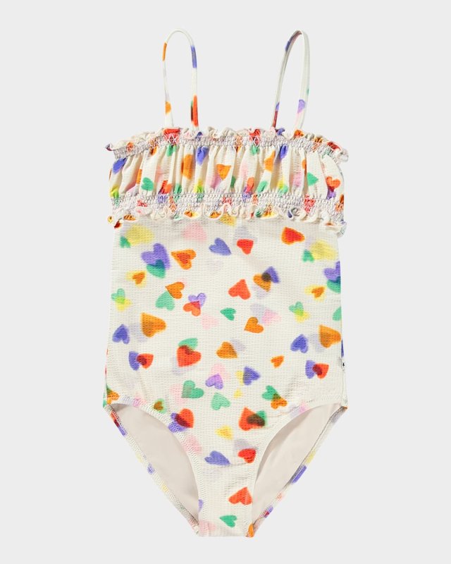 Girl's Nella Heart-Print On-Piece Swimsuit, Size 3-